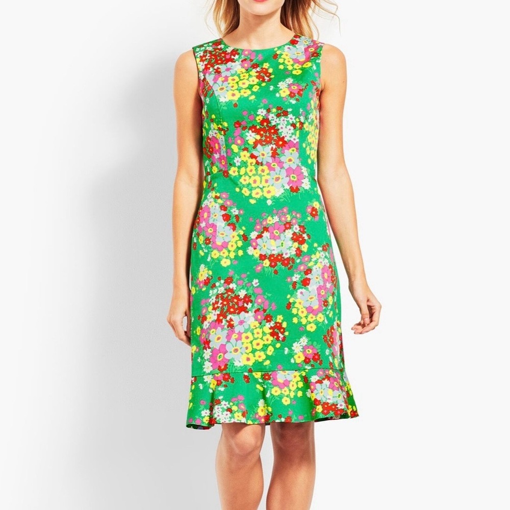 Talbots Colorful Green Floral‎ Sleeveless Flounce Hem Shift Dress Size 8